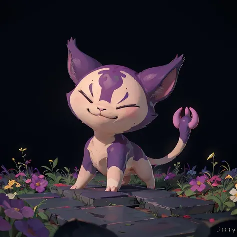 ((masterpiece,best quality)), 
<lora:Shadow_Skitty_Pokemon_Anime_Dim32:0.7>, Shadow_Skitty_Pokemon, solo, pokemon (creature), no humans, closed eyes, fangs, animal focus, cat, 
solo, smiling, looking at viewer,
| purple theme, graveyard in background,
| bo...