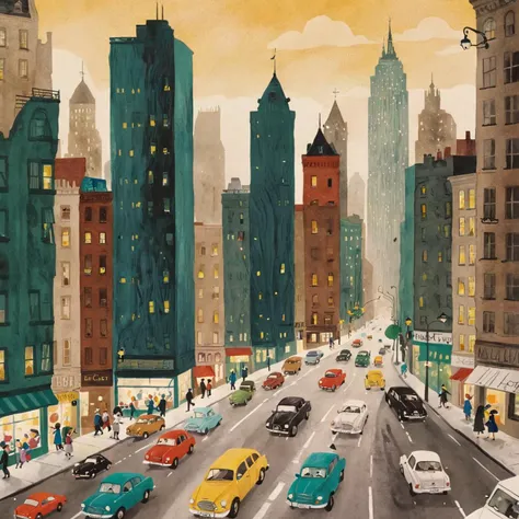 painting of a city street with cars and people walking on the sidewalk