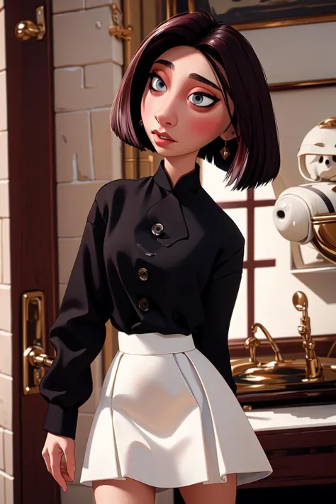 a close up of a cartoon girl in a black shirt and white skirt