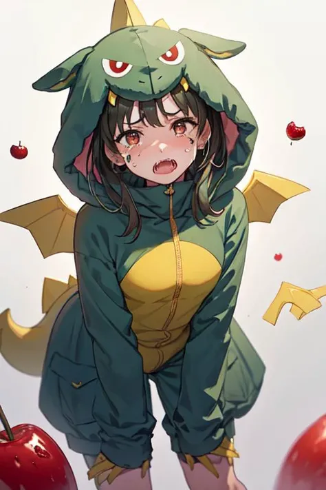 gaogaonichika, 1girl, solo, hood, bangs, fangs, animal costume, tail, wings,
leaning forward, looking at viewer, open mouth, solo, tears, bell, candy apple, food
<lora:nichika-gao-v1.1b:0.9>