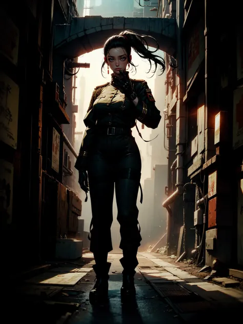 a woman in a black outfit holding a gun in a dark alley