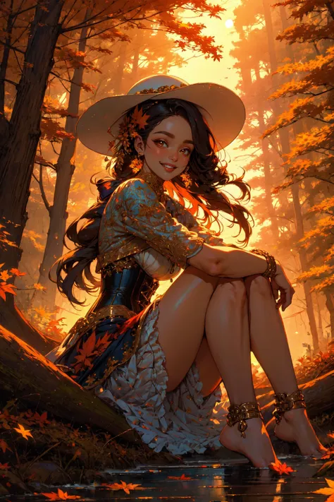 a woman sitting on a log in the woods with a hat on