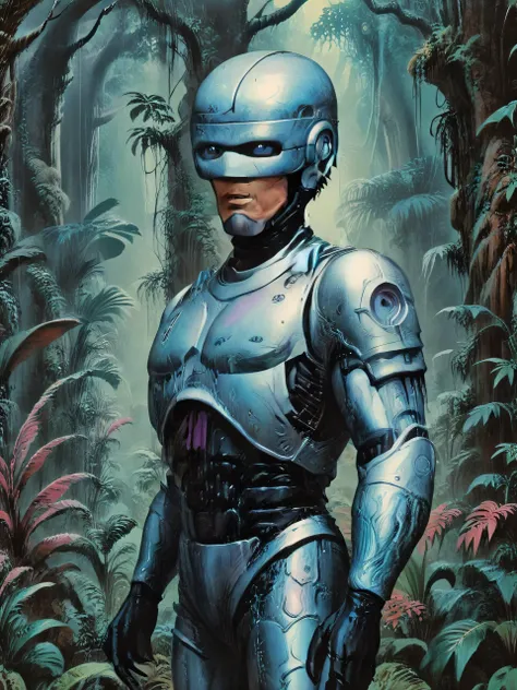 a close up of a robot standing in a jungle with trees