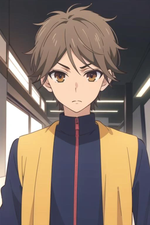 masterpiece, best quality, illustration, 1boy, solo, male focus, looking at viewer, upper body, depth of field, anime coloring, , <lora:hayato_shinomiya:0.74>, hayato_shinomiya, brown hair, brown eyes, , science fiction science fantasy,