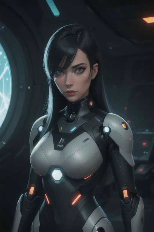 safe_pos, cinematic film still, cybernetic style futuristic style space fighter girl, cute, futuristic, sexy, sleek, modern, ultramodern, high tech, detailed, technological, cybernetic enhancements, robotics, artificial intelligence themes, shallow depth o...