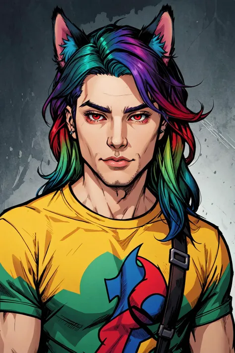 a man with colorful hair and a cat ears is wearing a yellow shirt