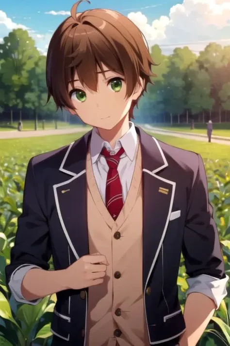 masterpiece, best quality, game cg, 1boy, solo, male focus, looking at viewer, upper body, , anime coloring, , <lora:yuuta_togashi:0.80>, yuuta_togashi, brown hair, green eyes, renaissance costume, corn maze, HDR