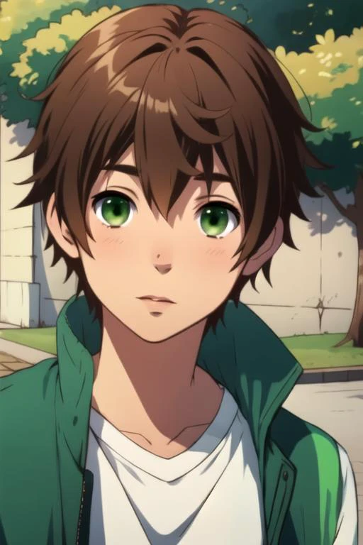 masterpiece, best quality, photorealistic, 1boy, solo, male focus, looking at viewer, , , , , <lora:yuuta_togashi:0.68>, yuuta_togashi, brown hair, green eyes, jacket, , ,