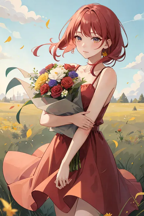 anime girl with red hair holding a bouquet of flowers