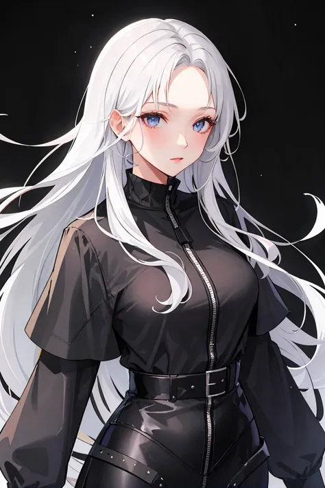 anime girl with long white hair and blue eyes in black outfit