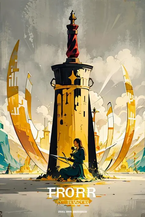 a poster of a man sitting on top of a tower