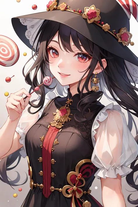 anime girl with a hat and lollipops in her hand