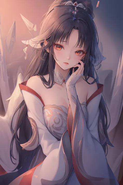 anime girl with long hair and white dress holding a knife