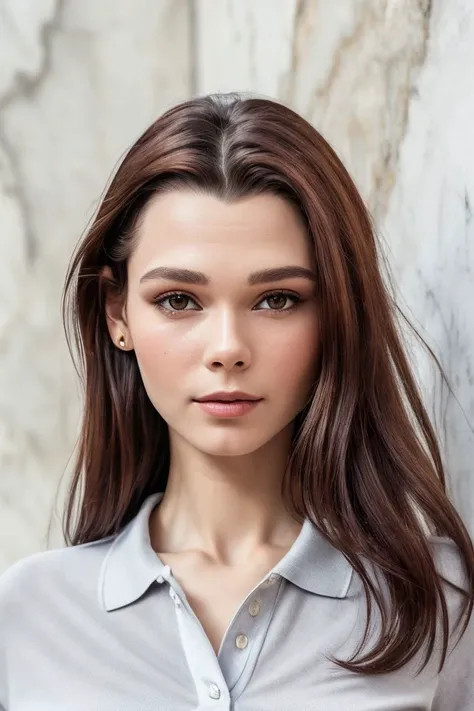 closeup headshot of S233_IrinaTelicheva,an attractive woman,in front of a (marble-wall),wearing a (polo-shirt:1.1),(8k, RAW photo, best quality, depth of field, ultra high res:1.1),(absurdres, intricate, photorealistic, masterpiece, ultra-detailed:1.2),