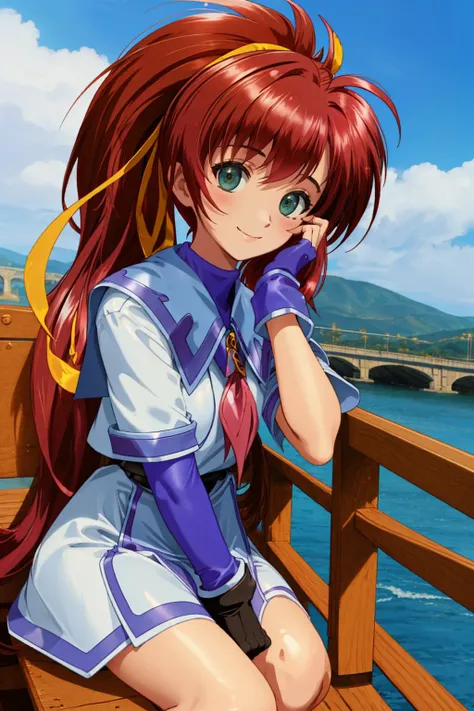 ((best quality)), ((masterpiece)), (detailed), 1girl, <lyco:NanocaFlanka-10: 0.9>, sitting, on bridge, AUTNanocaFlanka, fingerless gloves, hair ribbon, school uniform, smile