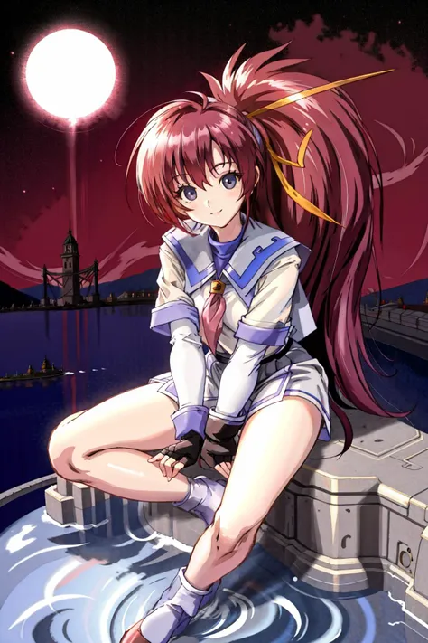 ((best quality)), ((masterpiece)), (detailed), 1girl, Hands Between Legs, sitting Crossed Legs, Dam, <lyco:NanocaFlanka-10: 0.9>, AUTNanocaFlanka, fingerless gloves, hair ribbon, school uniform, smile