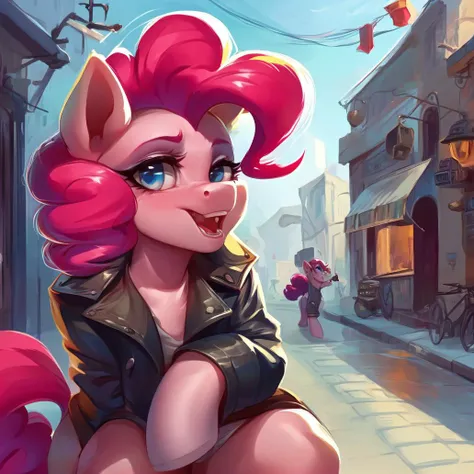 a close up of a cartoon pony with pink hair and a leather jacket