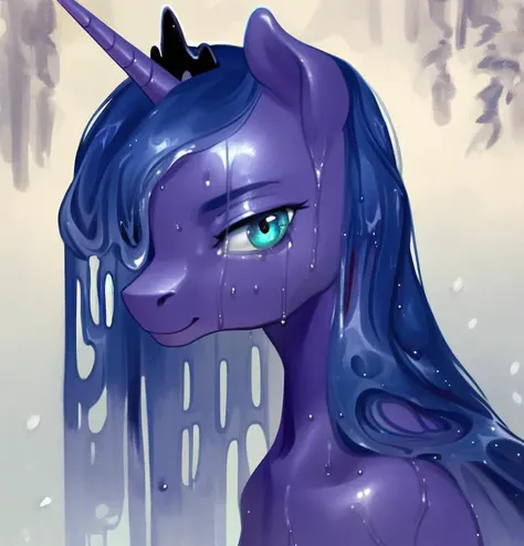 score_9, rating_safe, anthro pony princess luna, portrait, wet mane, water flowing over face, droplets on skin