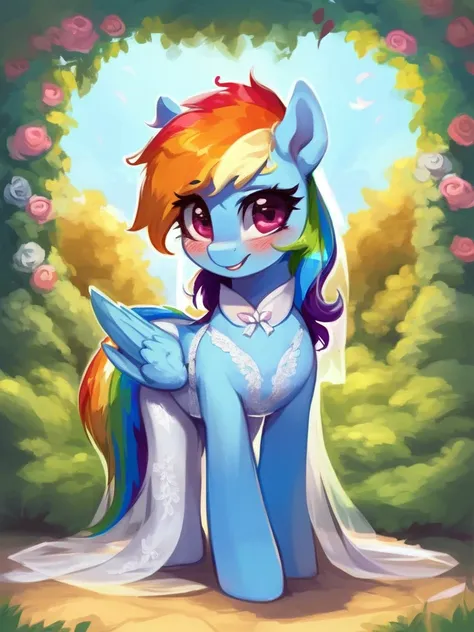 a drawing of a rainbow dasher with a white dress and a blue cape