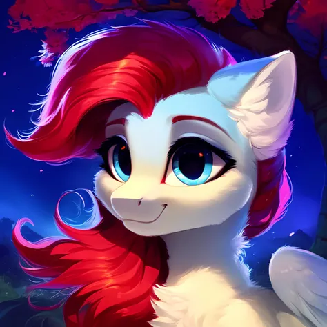 rating_safe, score_9, a cute mare, fluffy, pegasus pony, night, tree, portrait