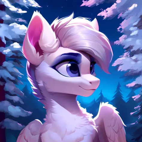 rating_safe, score_9, a cute mare, fluffy, pegasus pony, night, tree, portrait