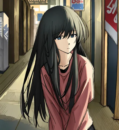 anime girl with long black hair and pink shirt sitting on a sidewalk