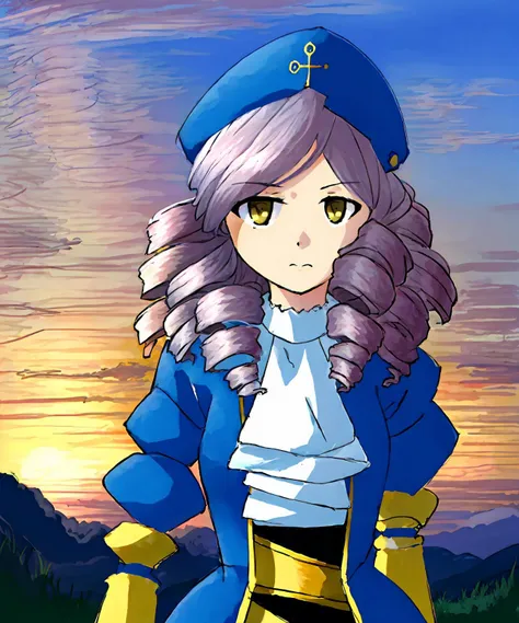 anime girl with long hair and blue outfit standing in front of a sunset