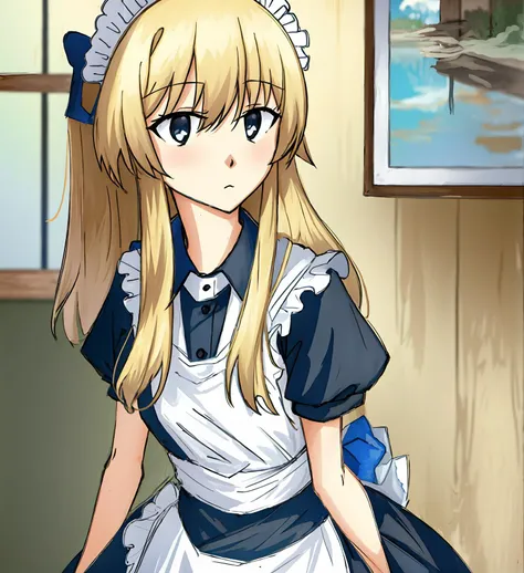 anime girl in maid outfit with a blue and white dress