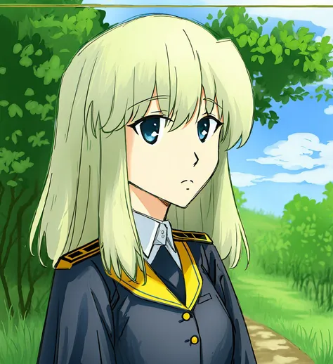 anime girl in uniform standing in a field with trees in the background