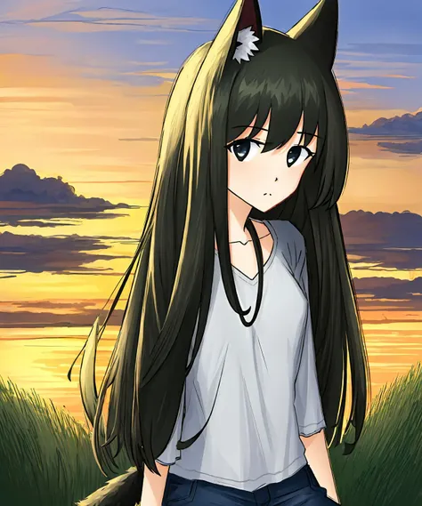 anime girl with long hair and a cat ears standing in a field