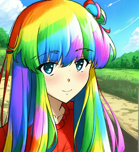 anime girl with colorful hair and a red shirt