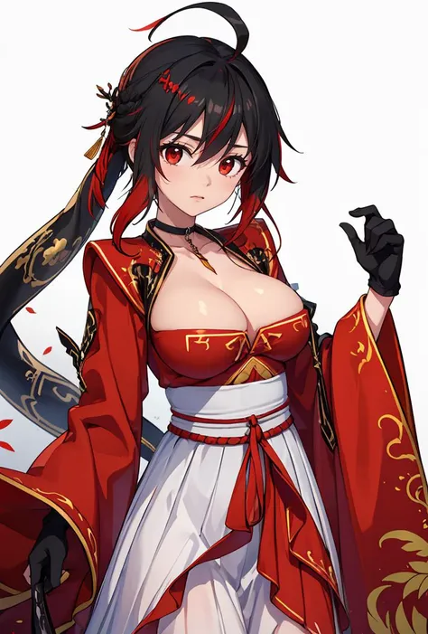 (masterpiece, best quality), 1girl,     <lora:LiuXiuFate:0.8> LiuXiuFate, 1girl, solo, short hair, skirt, large breasts, black hair, red hair, hair ornament, red eyes, black gloves, long sleeves, dress, cleavage, hair between eyes, ahoge, choker, wide slee...