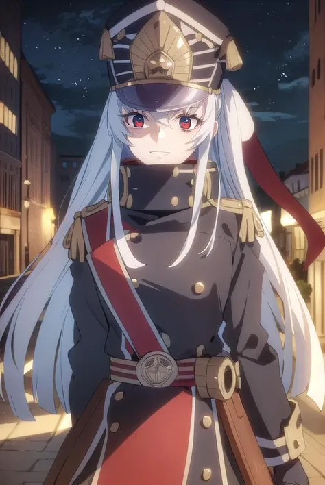 recreatorsaltair, <lora:recreators altair s1-lora-nochekaiser:1>, 
altair, long hair, (red eyes:1.3), very long hair, white hair, smile, grin,
BREAK gloves, hat, uniform, military, military uniform, shako cap,
BREAK outdoor, city, night, sky, buildings, mo...