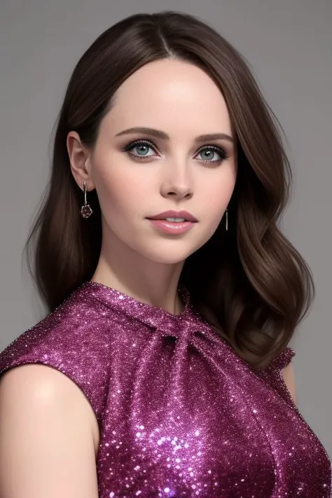 Picture, best quality, portrait photo of beautiful woman Koh_FelicityJones-4000, wearing extravagant glitter dress, fashion show, fashion event, looking at viewer, perfect face, perfect eyes, sharp focus, trending on ArtStation, trending on CGSociety, Intr...