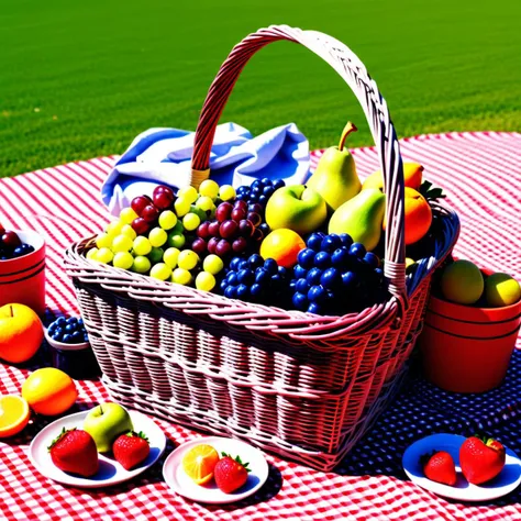 there is a basket of fruit on a table with plates of fruit