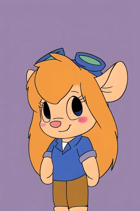 a cartoon girl with a blue shirt and brown pants