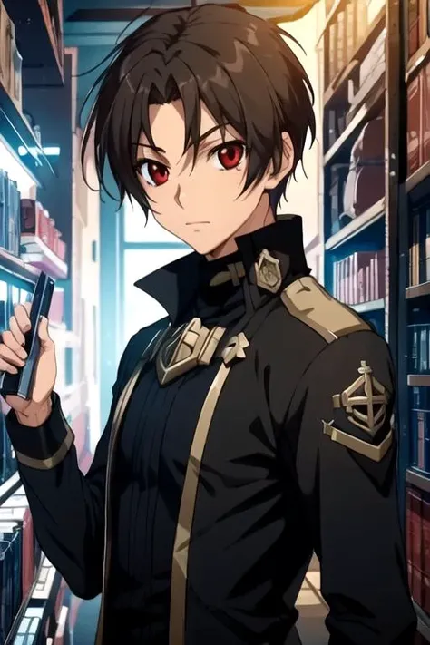 masterpiece, best quality, game cg, 1boy, solo, male focus, looking at viewer, upper body, , <lora:teito_klein:0.76>, teito_klein, brown hair, red eyes, , science fiction dieselpunk, 4k resolution