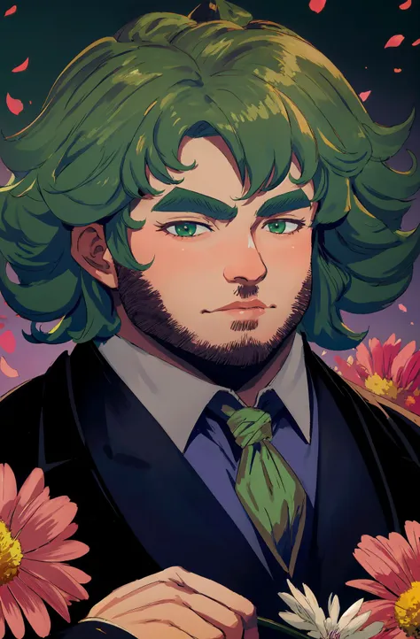 there is a man with green hair and a tie holding flowers