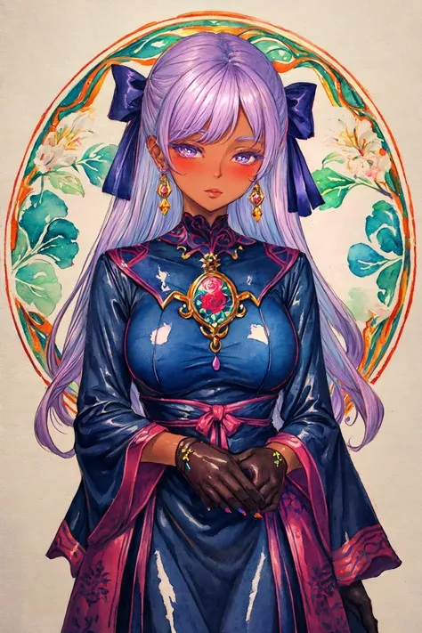 a drawing of a woman with purple hair and a blue dress