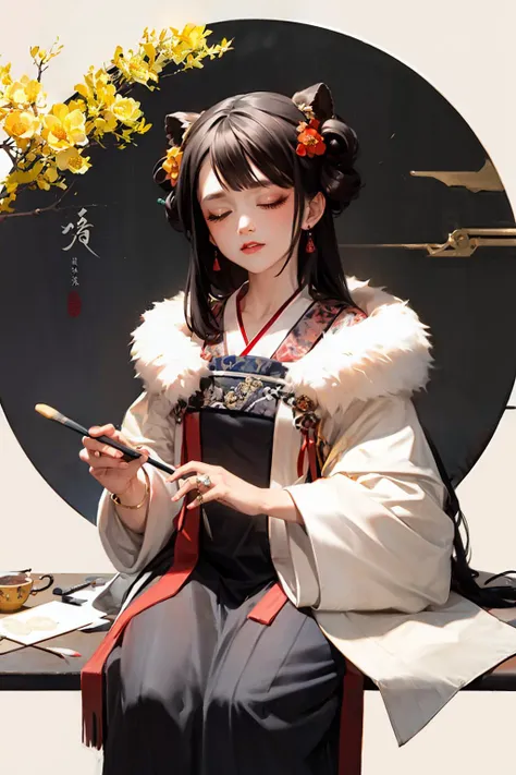 masterpiece, best quality, <lora:hanfu:1>,hanfukozue, 1girl, tiger, paintbrush, long hair, double bun, hair bun, holding paintbr...