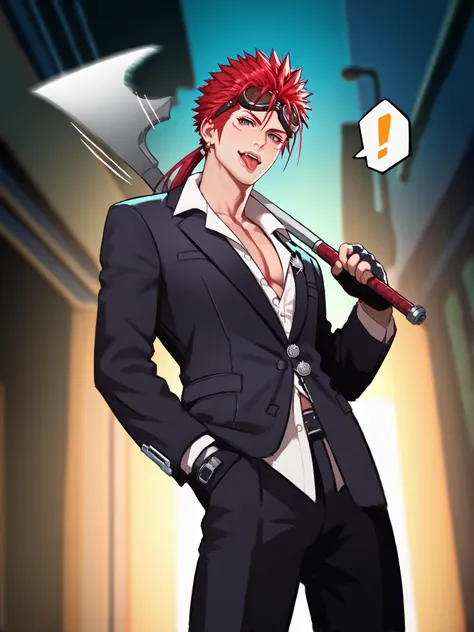 anime character with red hair holding a baseball bat in a city