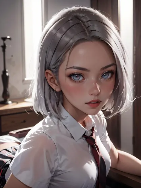 anime girl with grey hair and blue eyes sitting at a desk