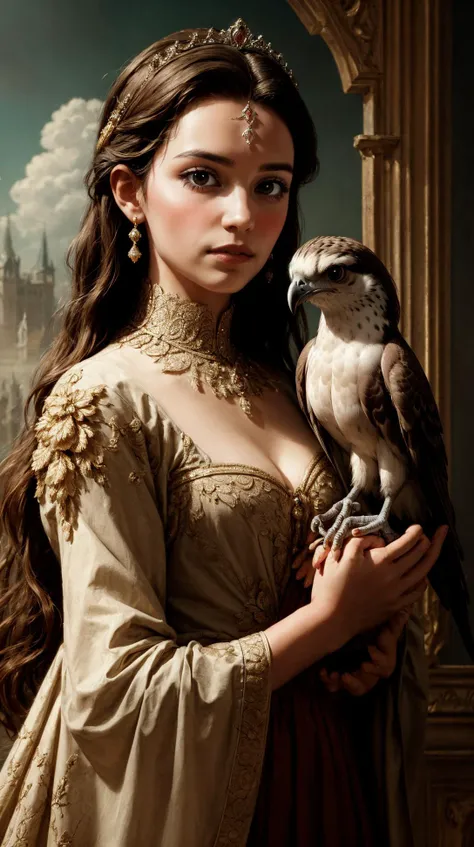 a princess with a falcon perched on her arm, realistic, exuding elegance and grace, embodying the beauty of  nobility, hair ornament, ornate, variations,
masterpiece, best quality,incredibly absurdres,   intricate detail, intricate background detail, intri...