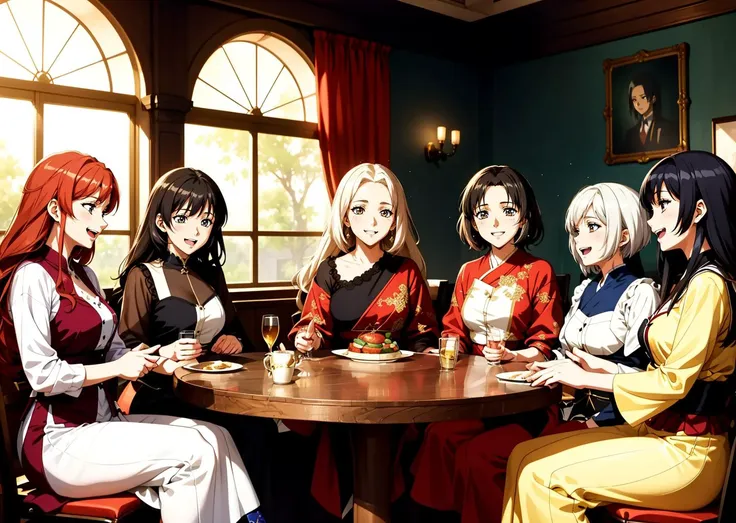 anime girls sitting at a table with plates of food and drinks