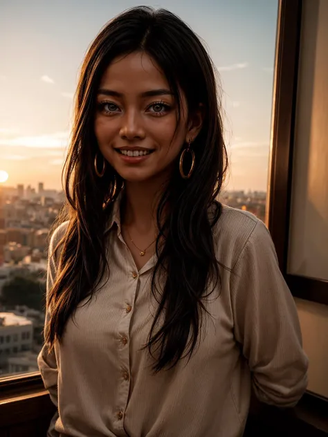 a woman with long black hair and a smile on her face and wearing a beige shirt and earrings with a gold hoop, Ding Yunpeng, beautiful face, a stock photo,  art photography, sunset, 
masterpiece, best quality,  <lora:add_detail:1>, <lora:contrast_slider_v10...