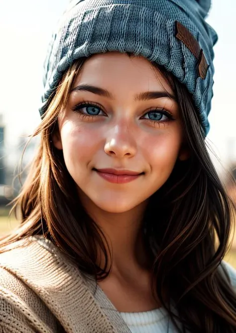 a close up of a young woman wearing a hat and sweater