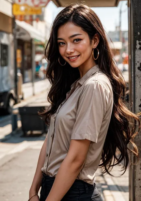 a woman with long black hair and a smile on her face and wearing a beige shirt and earrings with a gold hoop, Ding Yunpeng, beautiful face, a stock photo,  art photography
masterpiece, best quality,  <lora:add_detail:1>, <lora:contrast_slider_v10:1><lora:a...