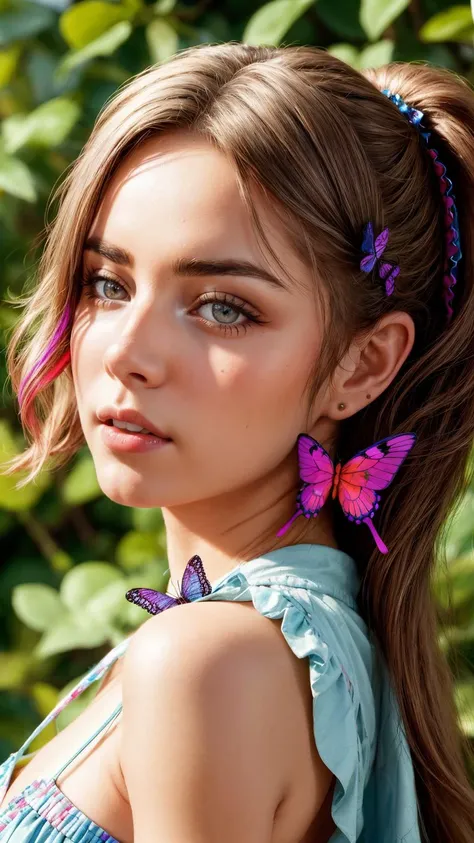 a close up of a young woman with a butterfly hair clip