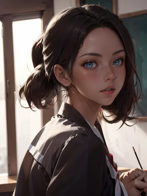 anime girl with blue eyes and a ponytail in a classroom