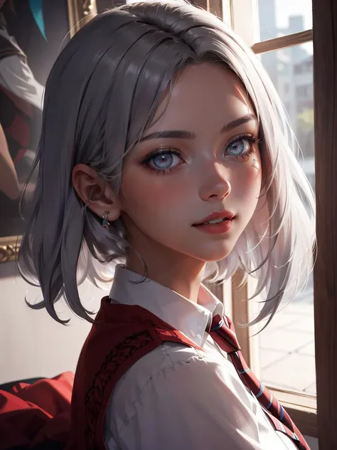 a woman in a skirt and tie holding  and a white shirt and black skirt, stanley artgerm lau, , photorealism, silver hair, bangs,  light grey eyes, red lips, eyeshadow, red eyeliner, light smile, 
masterpiece, best quality, intricate details,  <lora:backligh...